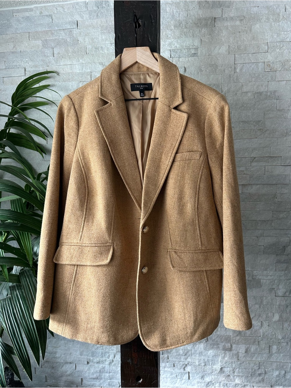 Talbots Camel Wool-Blend Houndstooth Blazer Jacket Size 16W